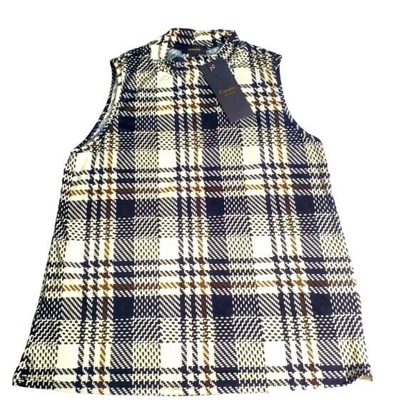 Nwt Espresso Plaid Mock Neck Sleeveless Top Career‎ Casual Trendy L - Picture 1 of 5